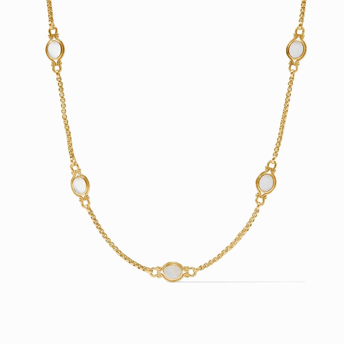 Saratoga Stone Station necklace featuring a mother-of-pearl pendant on 24K gold plate chain.