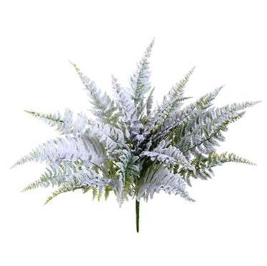 Artificial fern bush with green foliage, wire structure, and glittered accents in a snowed design.