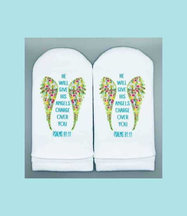 Women's white no-show sock with angel wing graphic on the side and Psalms verse printed on the sole.