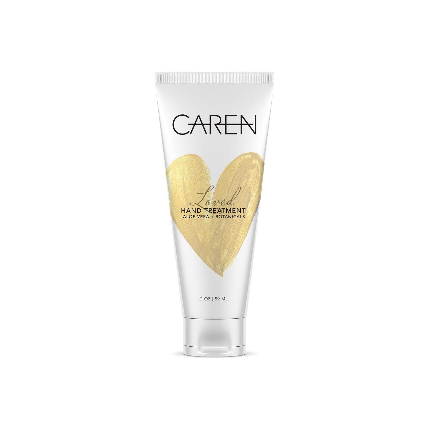 2 oz tube of Caren Loved Hand Treatment with a gold heart design and aloe vera botanicals.