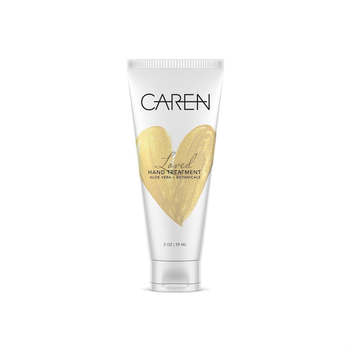 2 oz tube of Caren Loved Hand Treatment with a gold heart design and aloe vera botanicals.