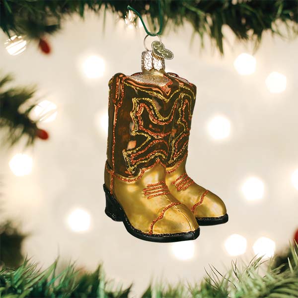 Brown leather cowboy boot ornament with a classic riding silhouette.
