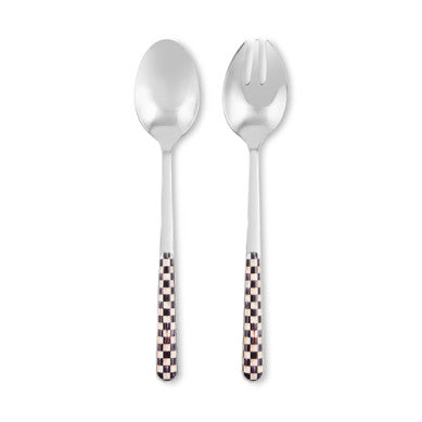 Stainless steel bistro salad serving set with a long fork and spoon.