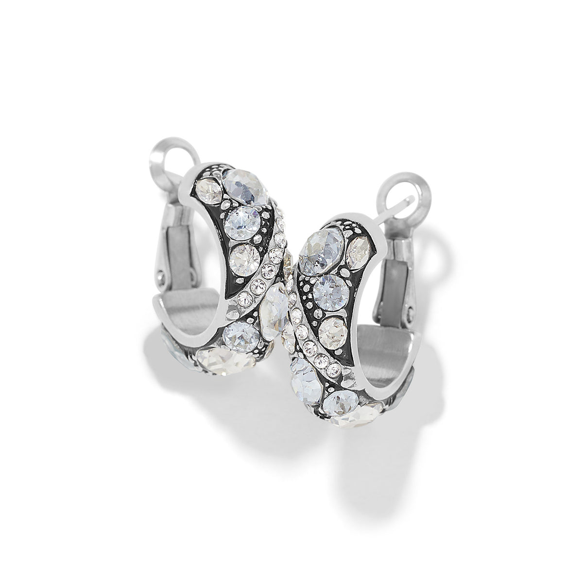 Silver plated post hoop earrings with flat disc backs featuring sky blue fine quality crystals.