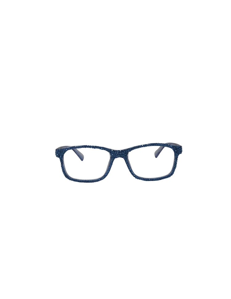 Blue rectangular reading glasses with a frame fully embellished in sparkling rhinestones.