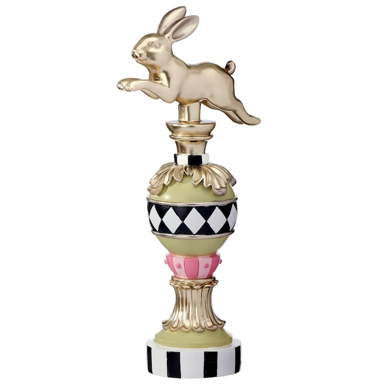Resin garden bunny topiary with a natural green leafy crown on an upright stem.