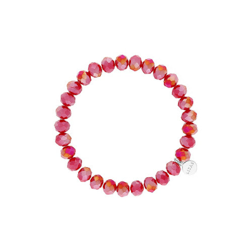Stretchy bracelet with faceted glass beads in a colorful beaded pattern.