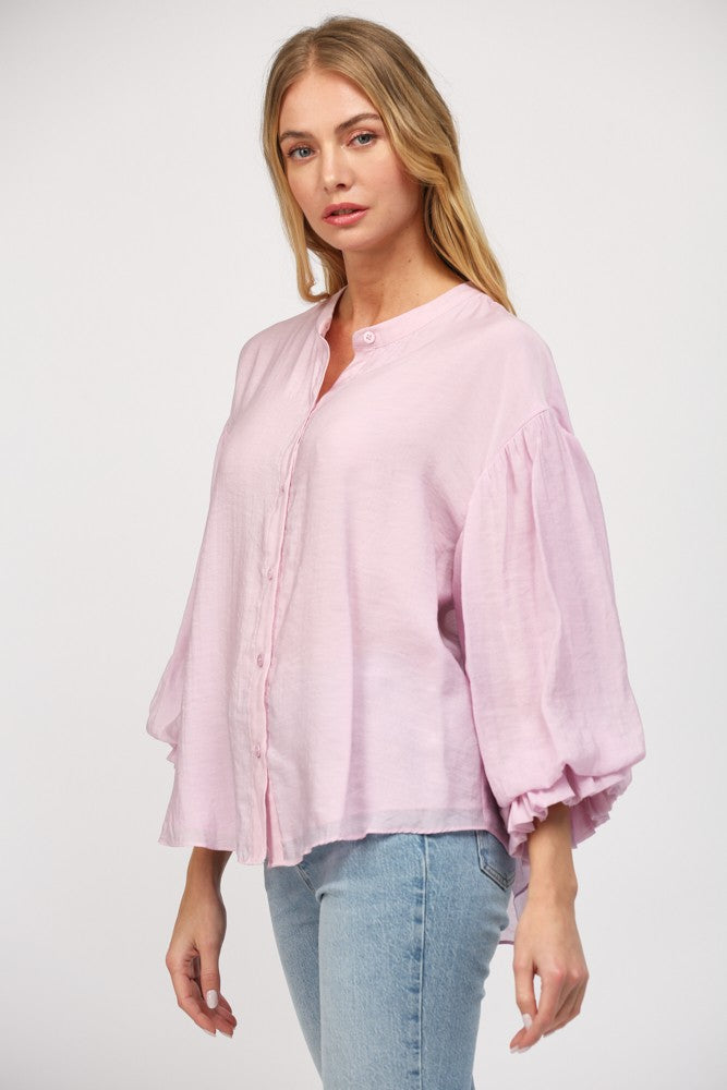 Diana button-down shirt in blue rayon-nylon fabric featuring puff sleeves.