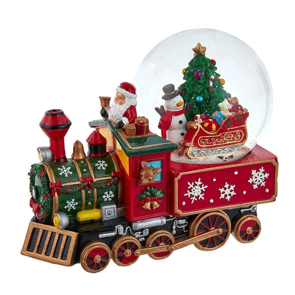 Musical water globe with Santa driving a red and green train, featuring a snowman and tree inside.