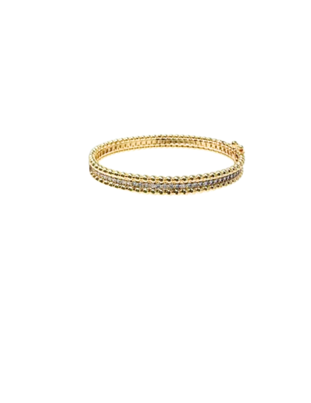 Gold dipped bracelet with three rows of beads and a center row of pave-set cubic zirconia stones.