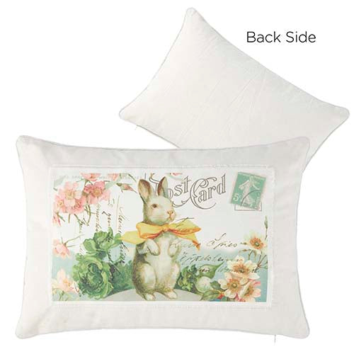 Square pillow featuring a storybook-style Easter bunny illustration with soft pastel colors.