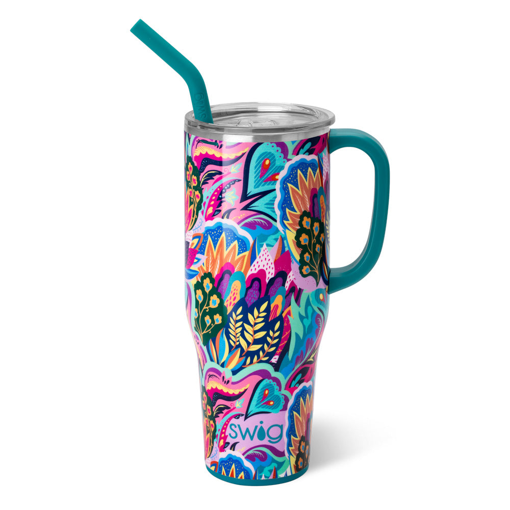 40oz Mega Mug in black with copper accents, featuring a comfort-grip handle and flexi-tip straw.