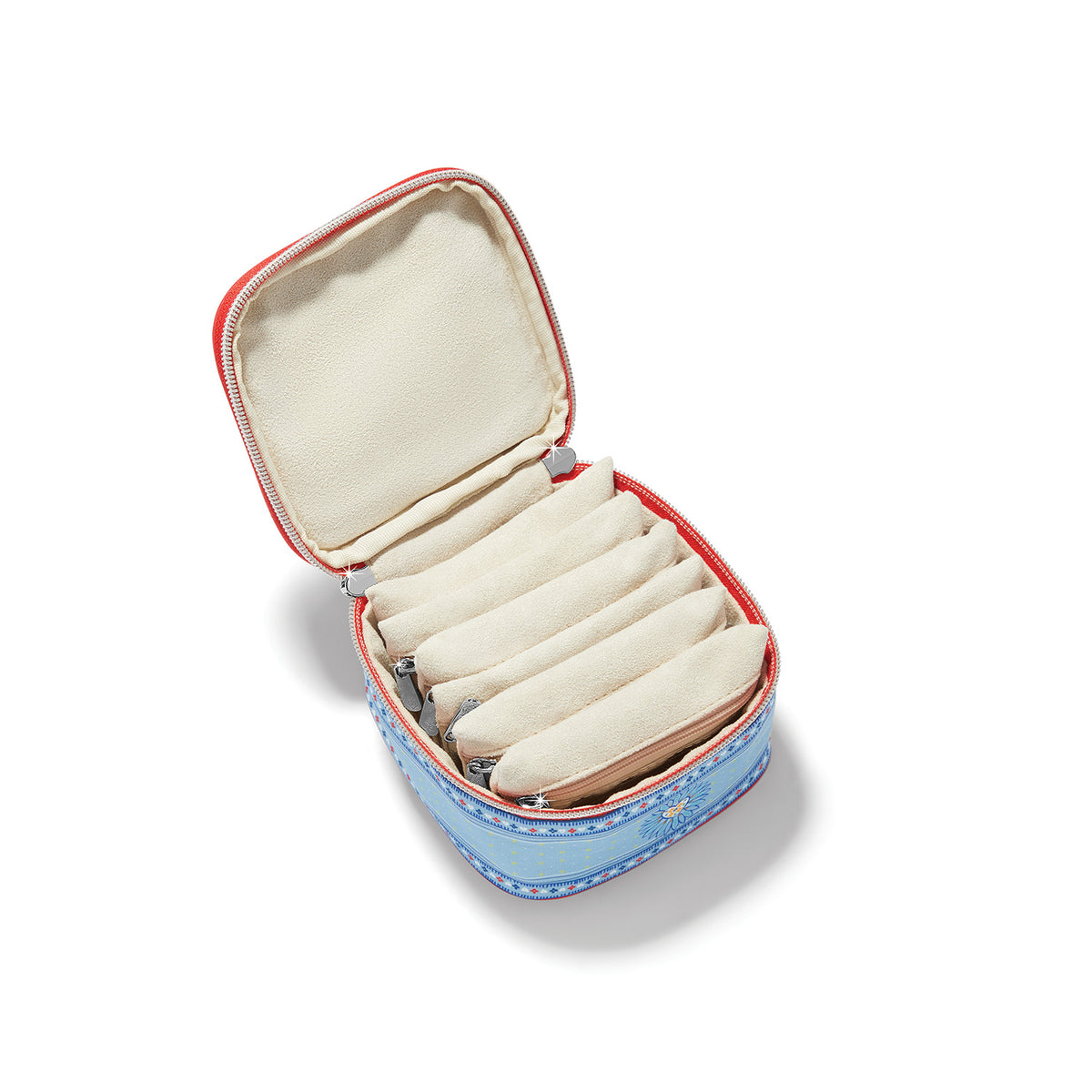 Multi-colored Bandana Love jewelry case with silver-plated zipper closure.