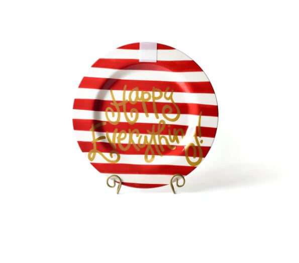Ceramic round platter in red with white text reading Red Stripe Big Happy Everything!