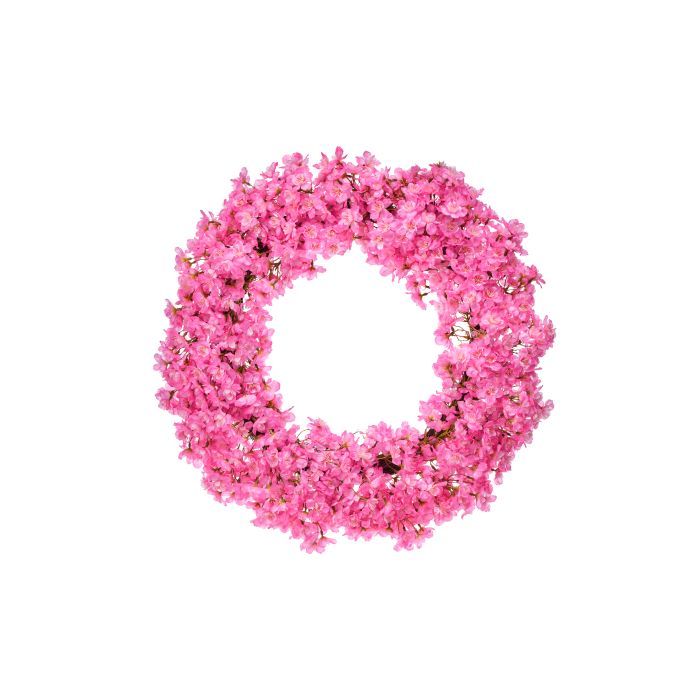 Round cherry blossom wreath with pink floral patterns on a natural background