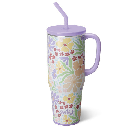40oz Mega Mug in silver stainless steel with a comfort-grip handle, triple insulation walls, and BPA-free lid featuring a removable slider.