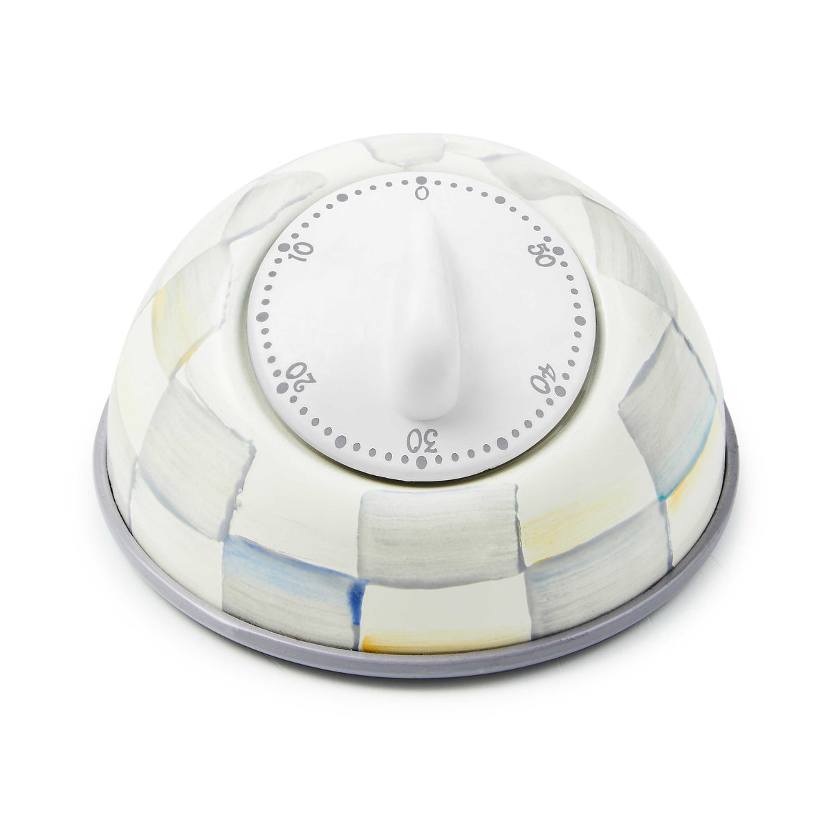 Heavy-gauge steel kitchen timer with hand-painted Sterling Check pattern on a black dial.