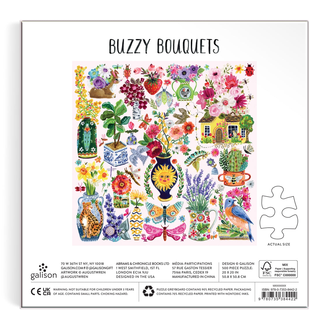 Buzzy Bouquets puzzle box featuring a colorful bee illustration on a light background.