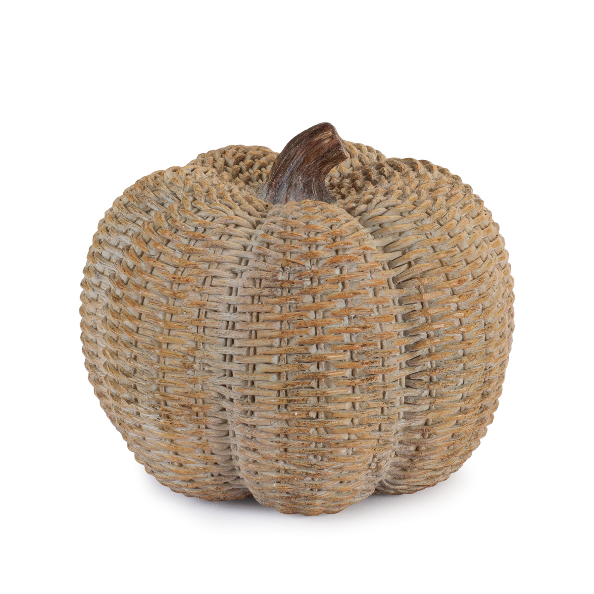 Decorative resin pumpkin with a textured woven wicker appearance and a brown stem.