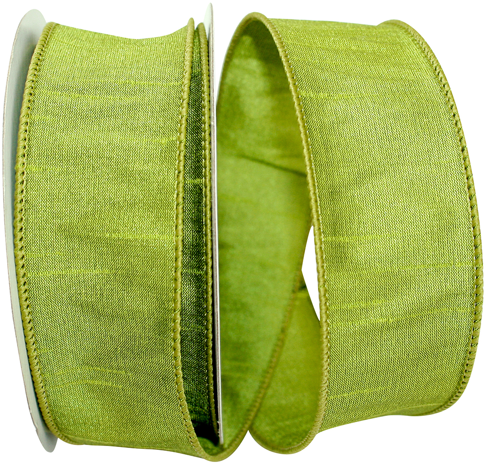 1-1/2 inch green grass Dupioni Supreme wired edge ribbon on a spool.