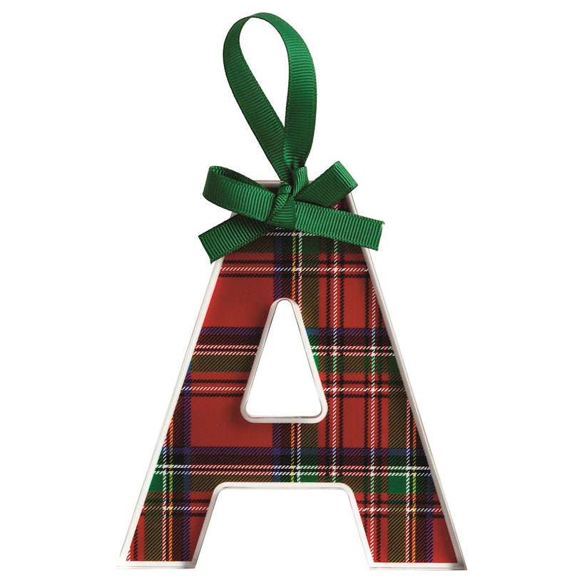 Acrylic tartan letter ornament with grosgrain ribbon hanger