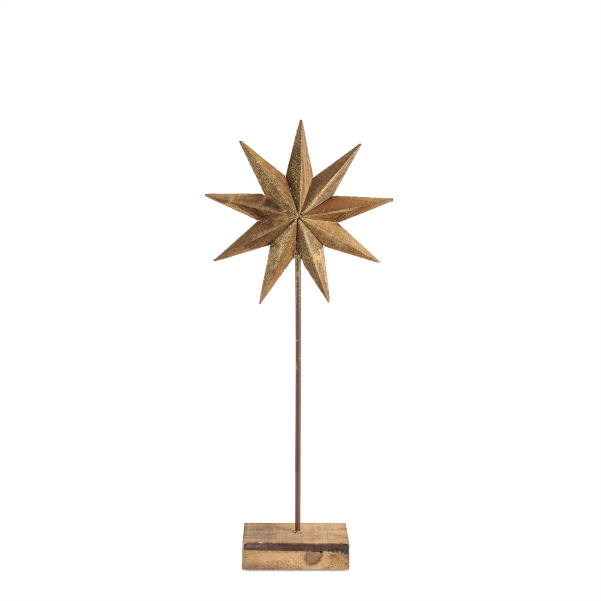 Rustic gold glittered wooden star on a tall metal rod with a square wood base.