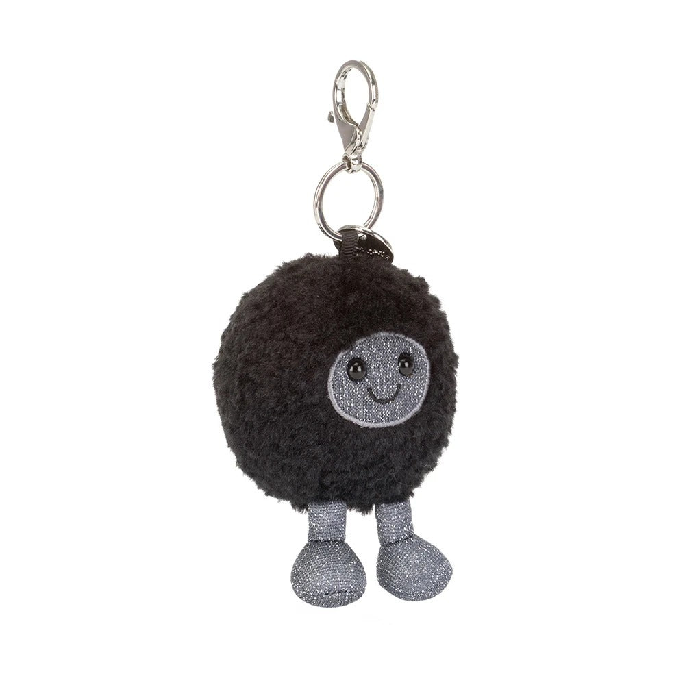 Amuseables Black Hole Bag Charm featuring a fuzzy black body, silver face, and silver boots.