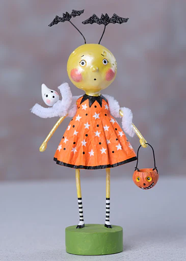 Hand-painted resin figurine of All Hallow's Moon with mischievous expression and spindly limbs in a plain kraft box.