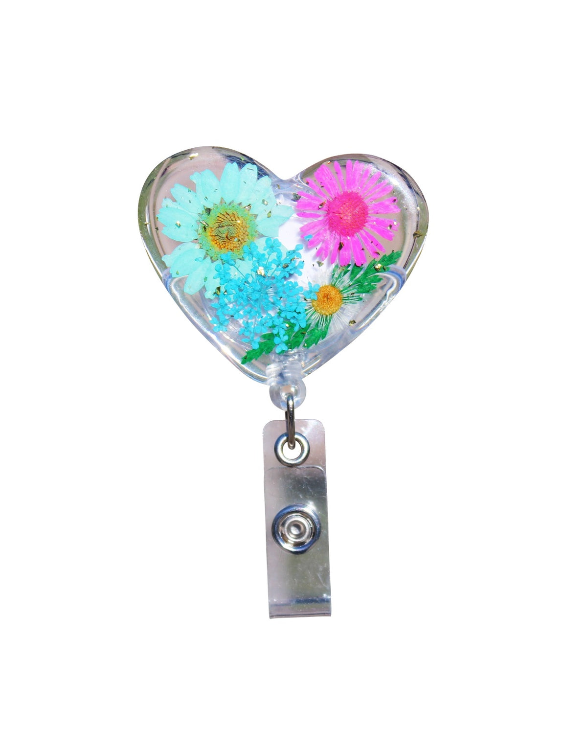 Glitterific Badge Reel with glitter resin badge on a spinning alligator clip.