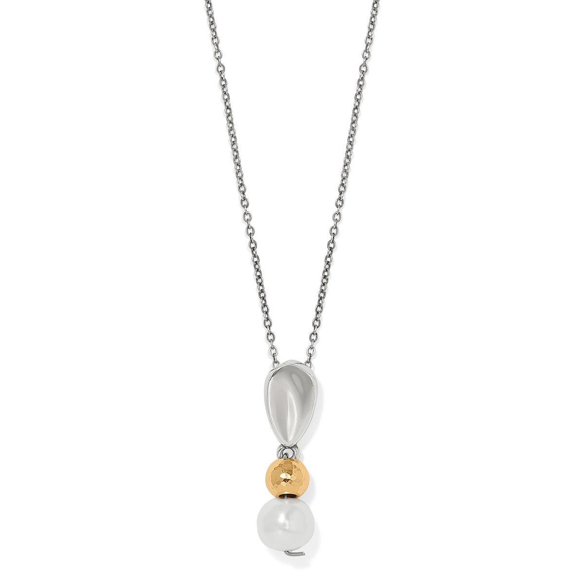Cascade Unity Pearl Necklace with silver teardrop, gold hammered bead, and white pearl pendant.
