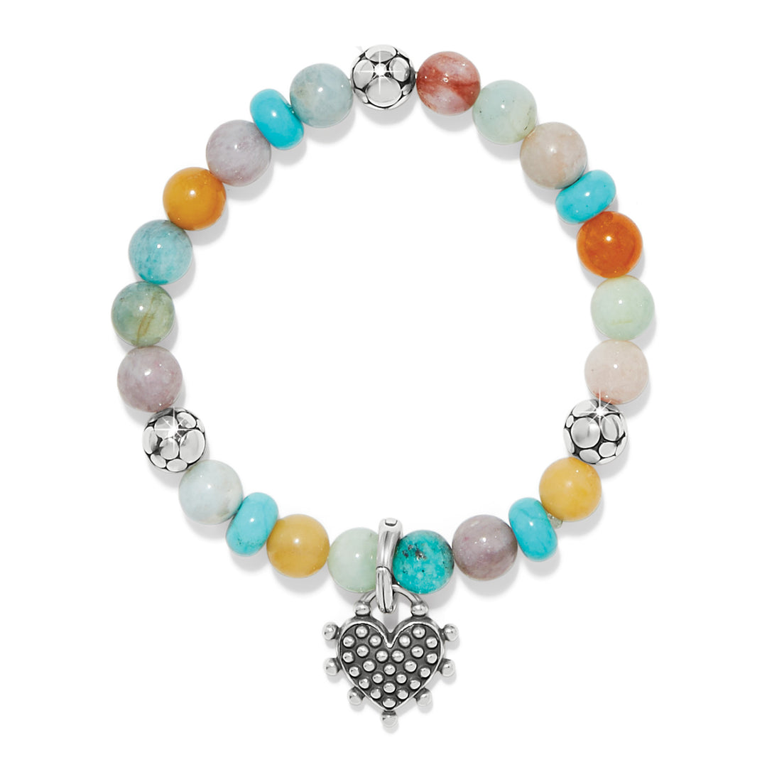 Silver-plated stretch bracelet featuring multi-colored sweet heart charms on a silver chain.