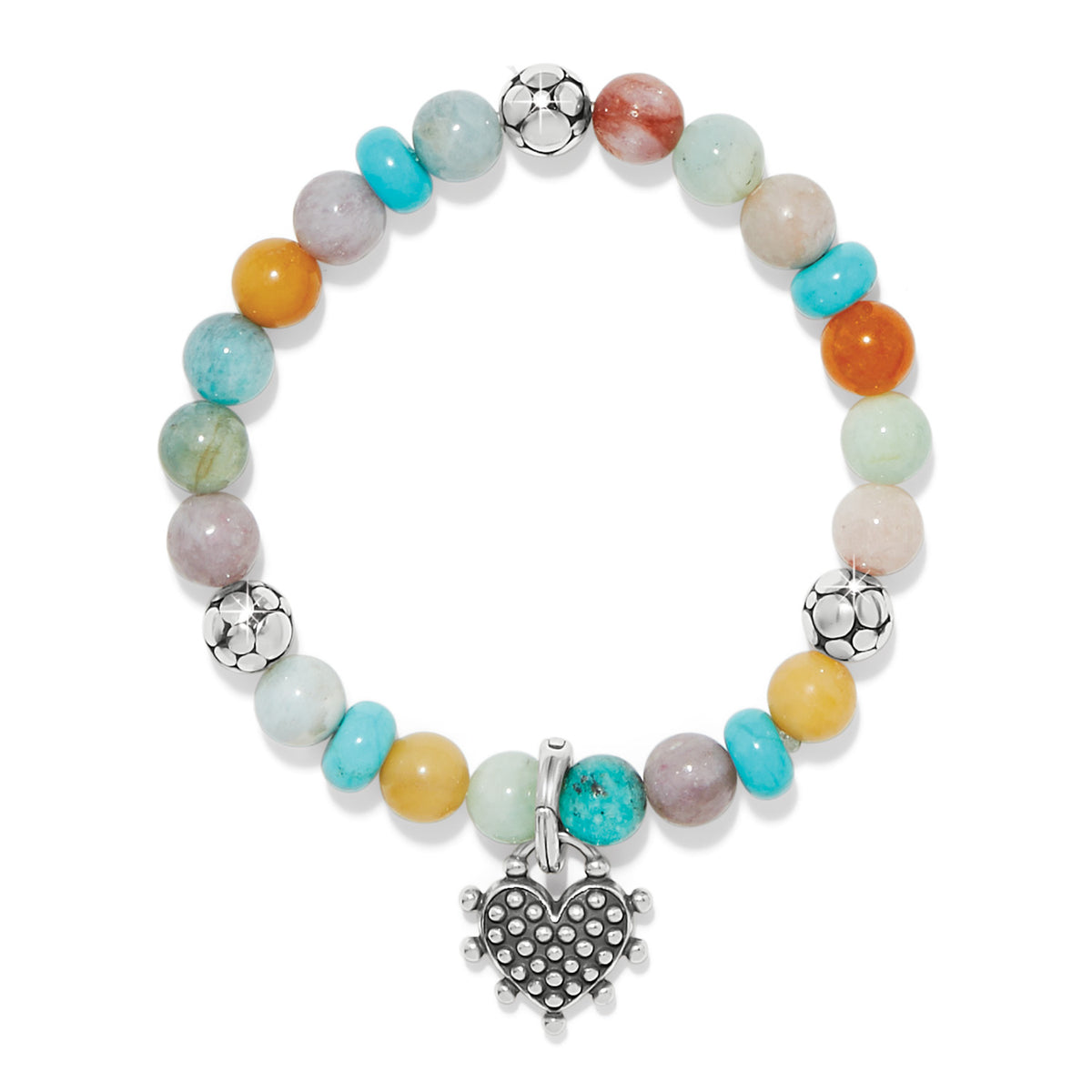 Silver-plated stretch bracelet featuring multi-colored sweet heart charms on a silver chain.