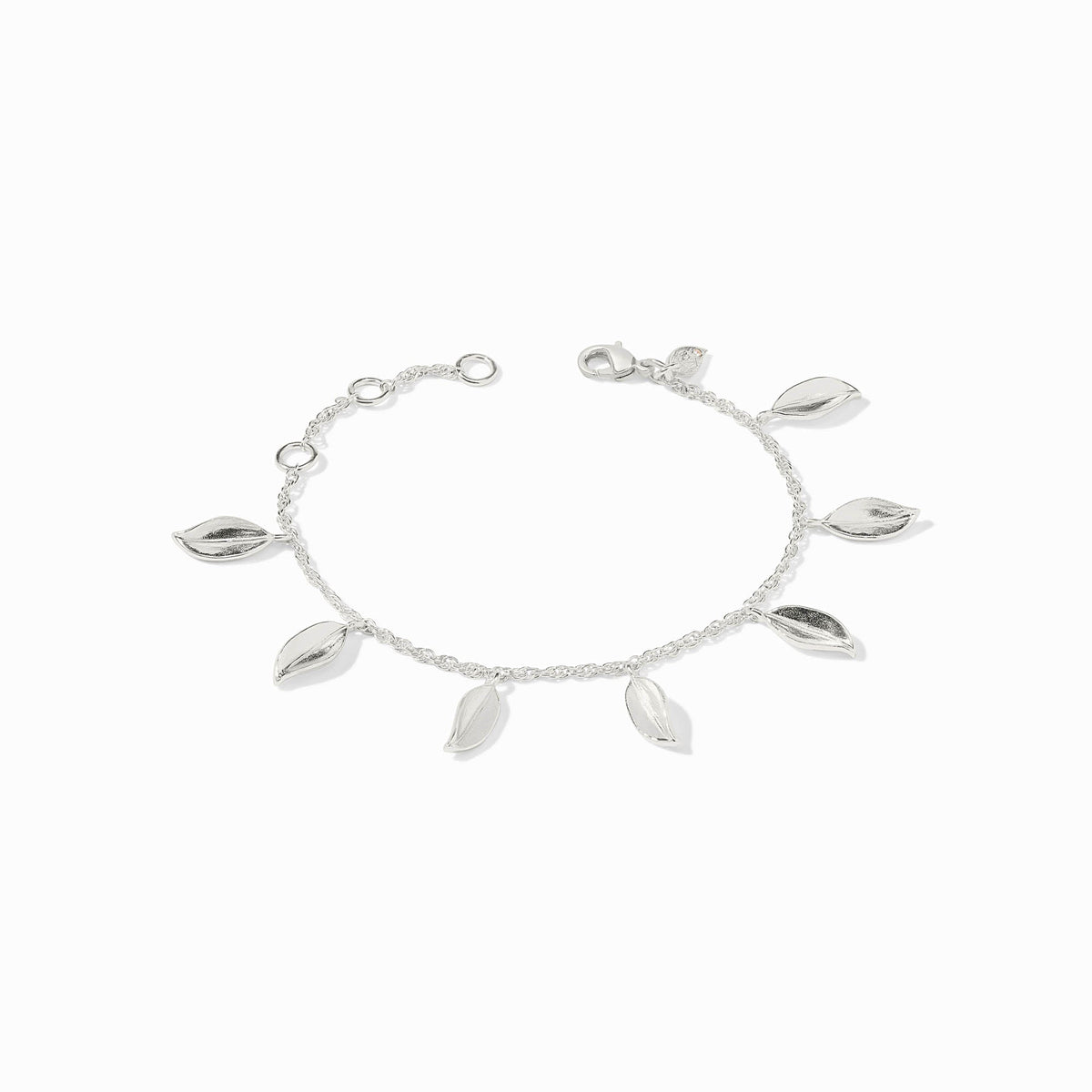 Willow Delicate Charm Bracelet featuring silver leaf charms on a fine chain.