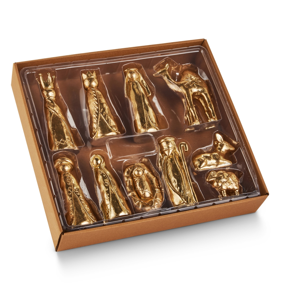A 10-piece gold-colored nativity set in a brown box with a clear plastic insert.