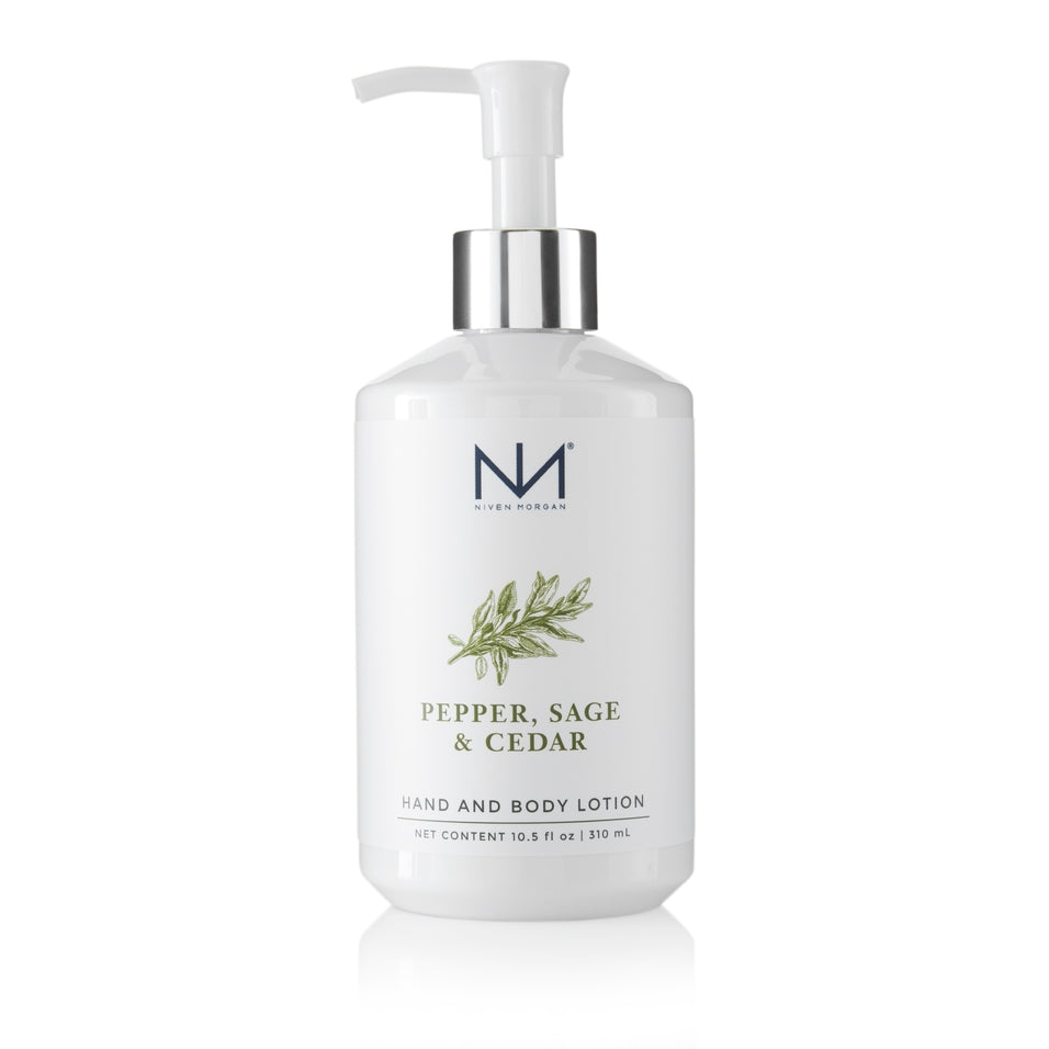 Niven Morgan Pepper, Sage & Cedar Hand and Body Lotion in a 10.5 fl oz white pump bottle.