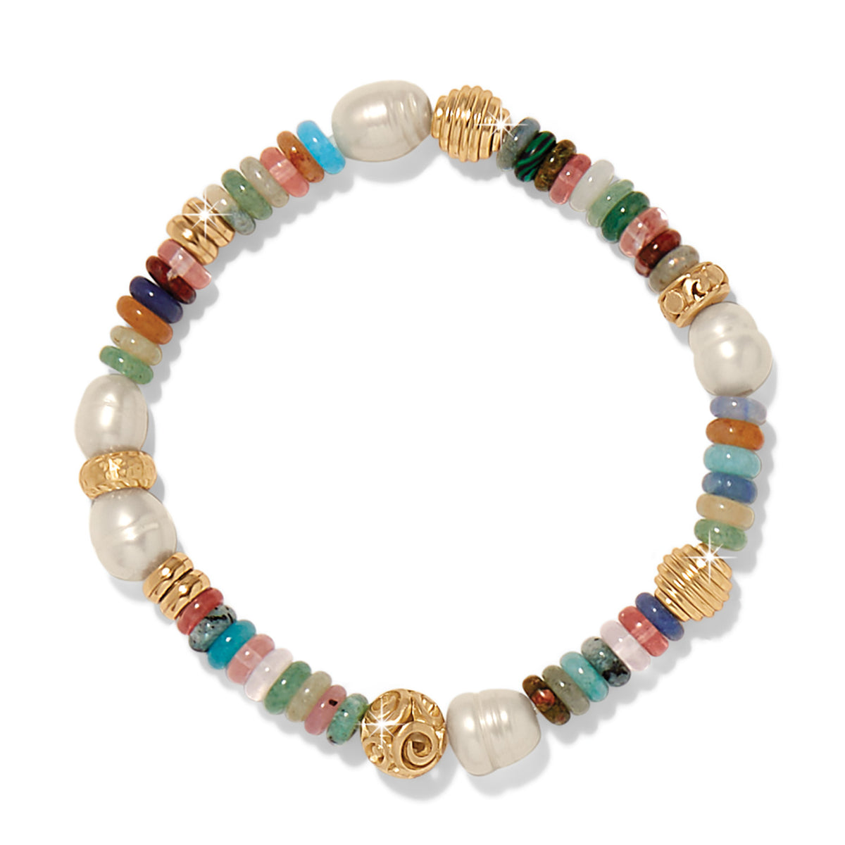 Silver-plated stretch bracelet with multi-colored beads in a circular shape.