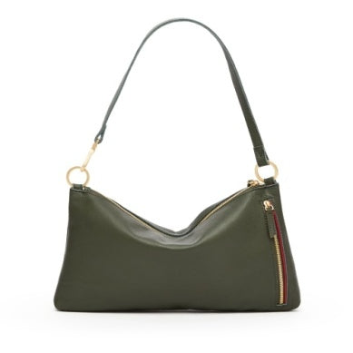 Kyle Med Twin Crest Pebble shoulder bag in olive green with brushed gold hardware.