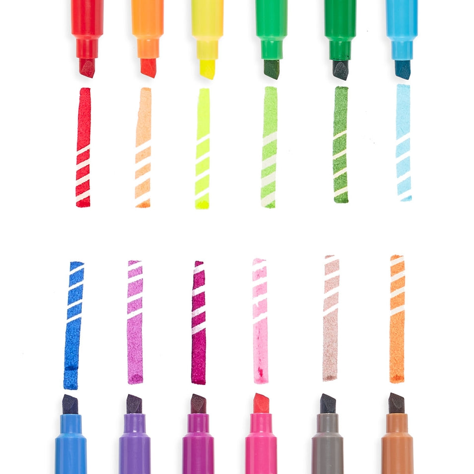 Set of 12 double-sided erasable markers showing colorful chisel tips and erased stripe patterns.