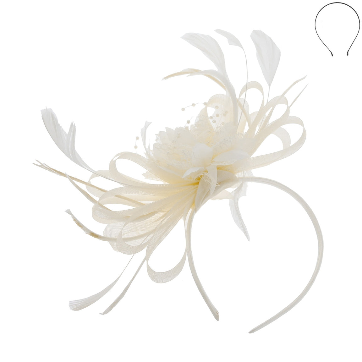 Floral fascinator headband with side loops and feathers in a light color