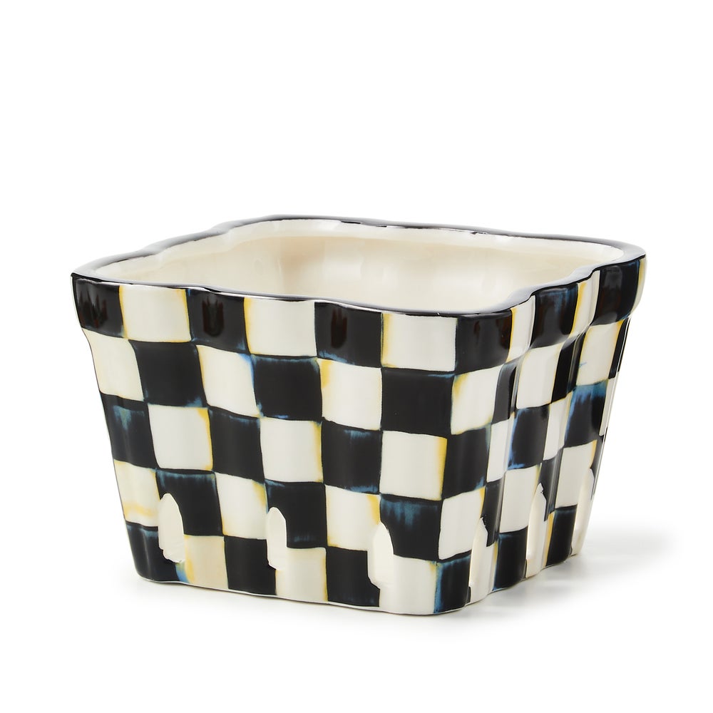 Courtly Check berry basket with a farmhouse-style checkered pattern in neutral tones.