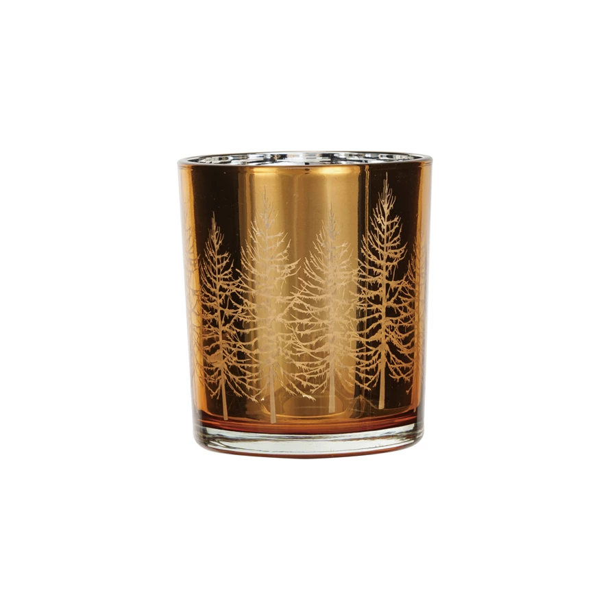 Mercury Glass Tealight/Votive Holder With Laser Etched Trees - Gold Finish