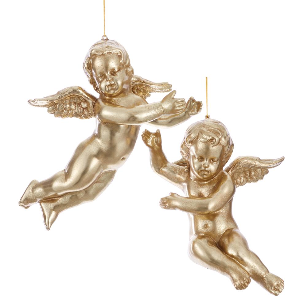 Two gold cherub ornaments with wings, hanging from gold strings against a white background.