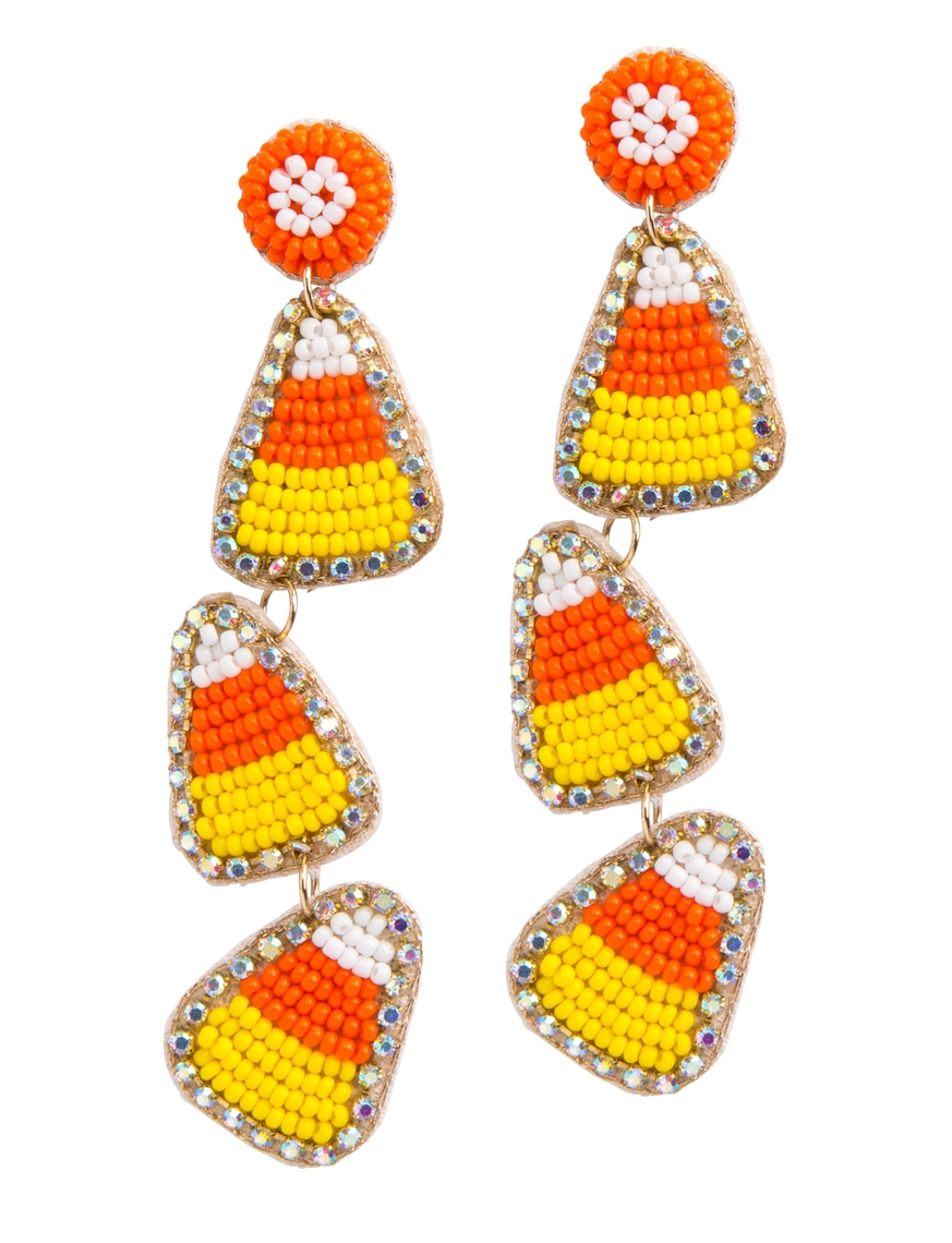 Dangling Halloween seed bead earrings shaped like candy corn with orange and white circular studs.