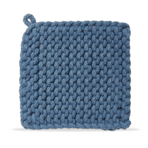 Round white cotton crochet trivet potholder with textured openwork pattern.