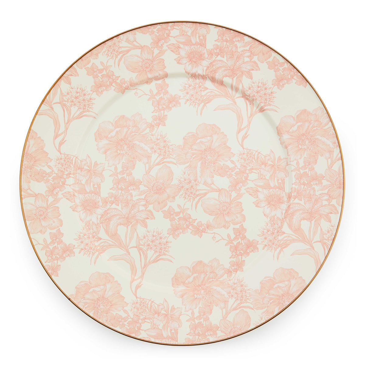 Round floral enamel serving platter with bronzed stainless steel rim on heavy-gauge steel base.