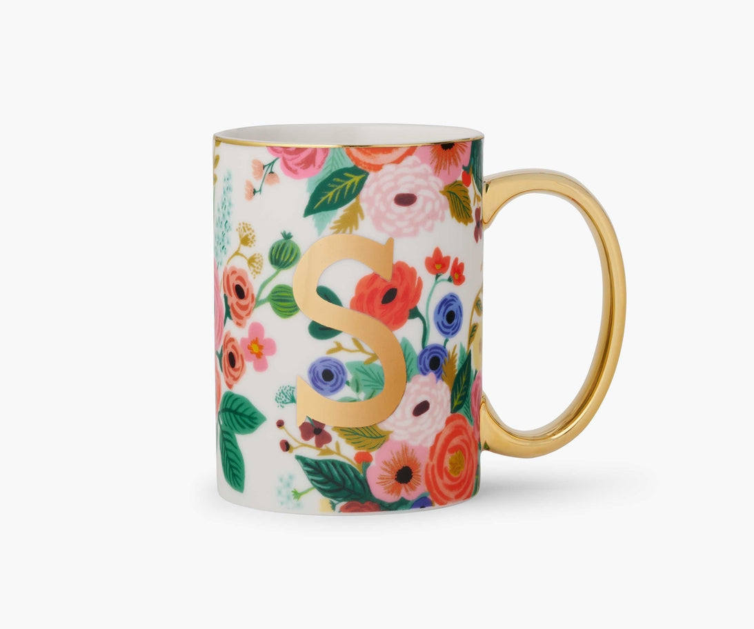 Garden Party Porcelain Monogram Mug with floral pattern, gold handle, and gold foil letter S.