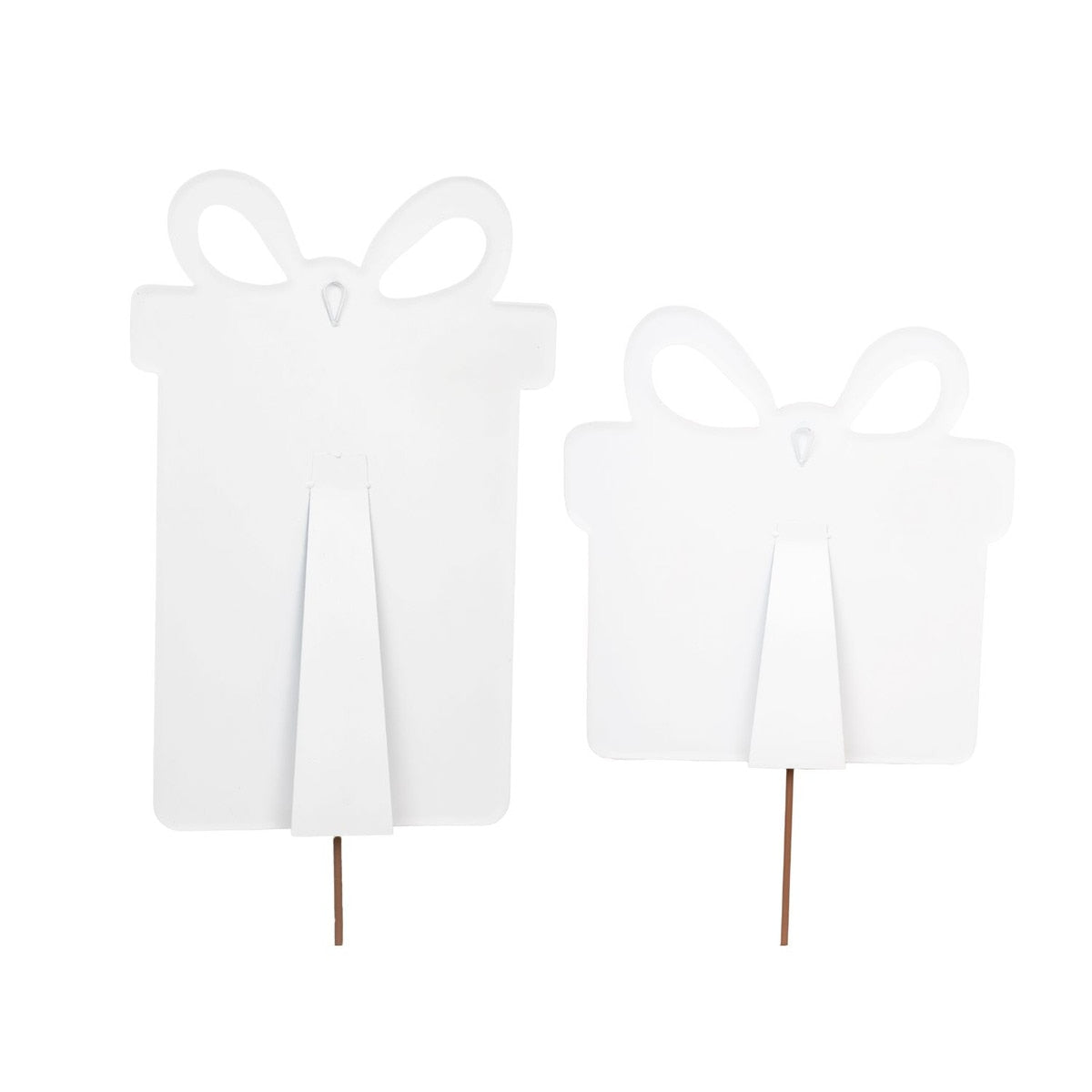 Two white gift box shaped yard stakes, one large and one small, with easel backs and ground stakes.