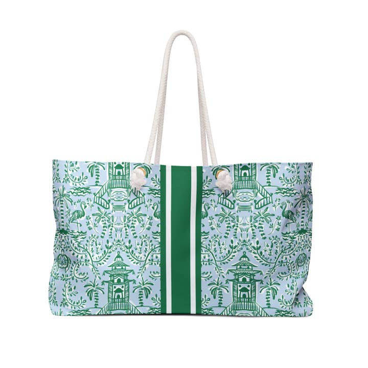 Mahjong Tote Bag with green pagoda and flamingo pattern, white rope handles, and center stripes.