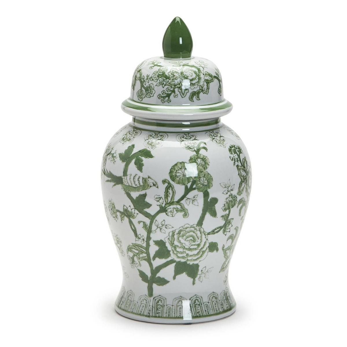 18-inch white ceramic temple jar with hand-painted green floral and bird designs and a matching lid.