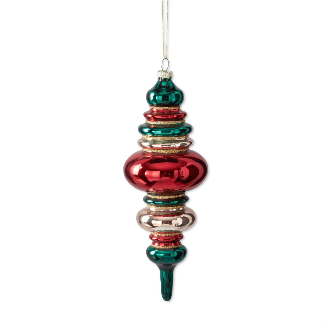 Red, gold, and green glass finial Christmas ornament with a tiered design and glitter accents.